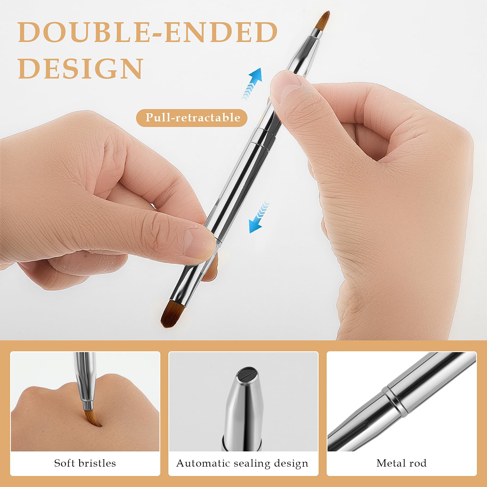 Pinceau de maquillage rétractable portable à double extrémité pour rouge à lèvres brillant pinceaux de maquillage anti-cernes pinceaux contour des lèvres outil de maquillage (argent)