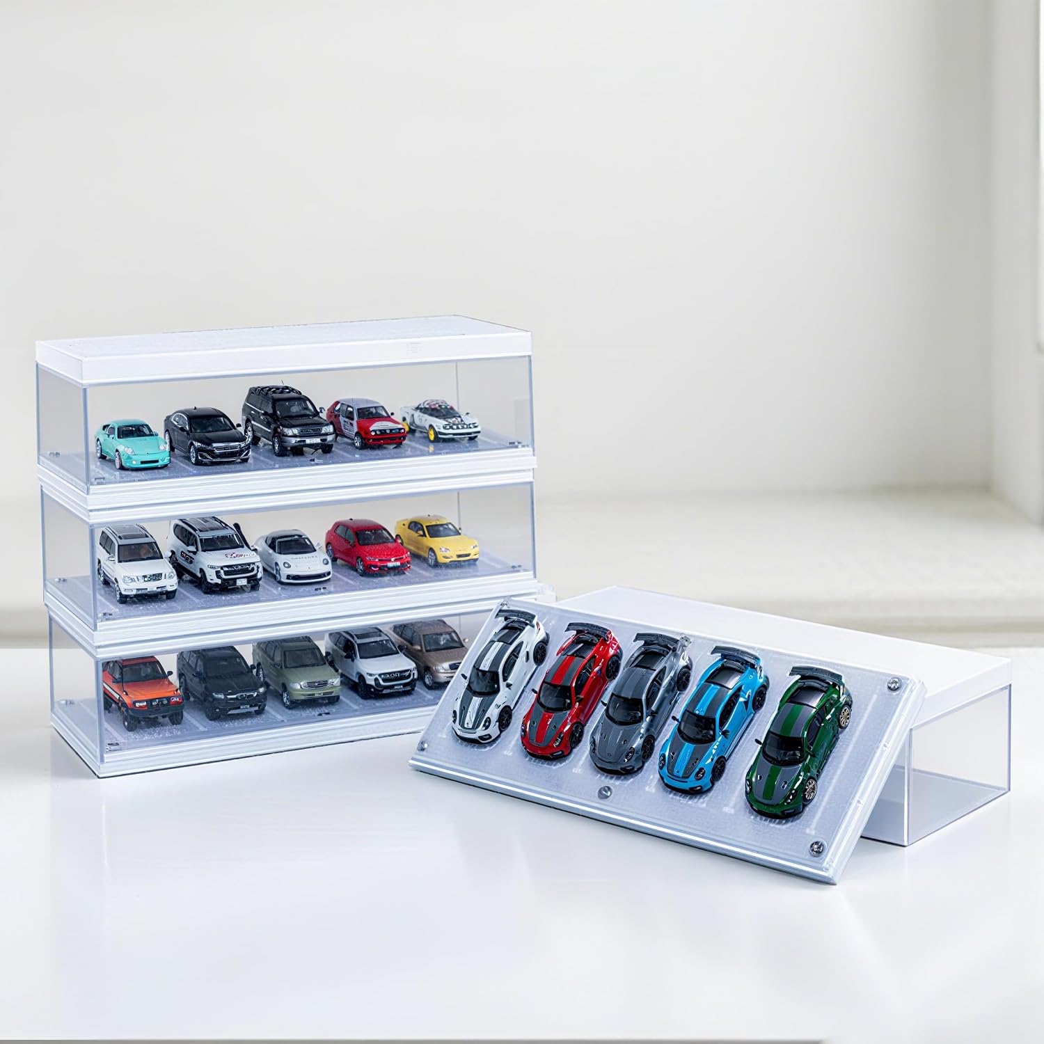 Display Case for Hot Wheels,1/64 Diorama Display Case with High-Intensity LED Lighting,Compact and Stackable Car Model Storage and High-Definition Display