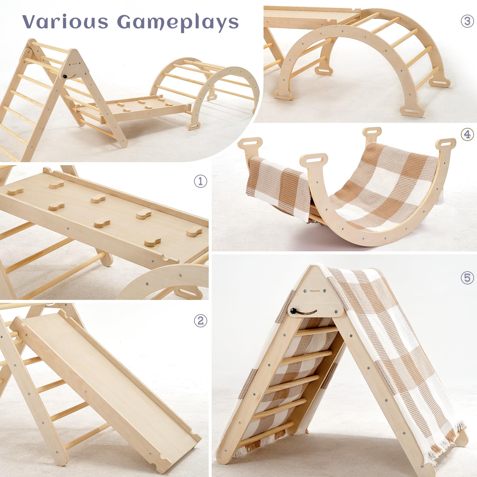 Pillowhale Pikler Triangle Set, 5 in 1 Montessori Toddler Climbing Toys Indoor, Foldable Toddler Gym Climbing Triangle Set, Indoor Outdoor Play Playground for Baby Boys Girls