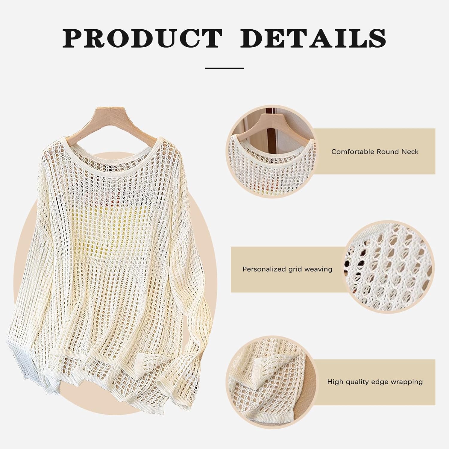 Beach Cover Ups For Women Sleeve Crochet Cover Up Bathing Suit Mesh Swimwear Knit Pullover Beach Dress Vacation Outfits - Image 3