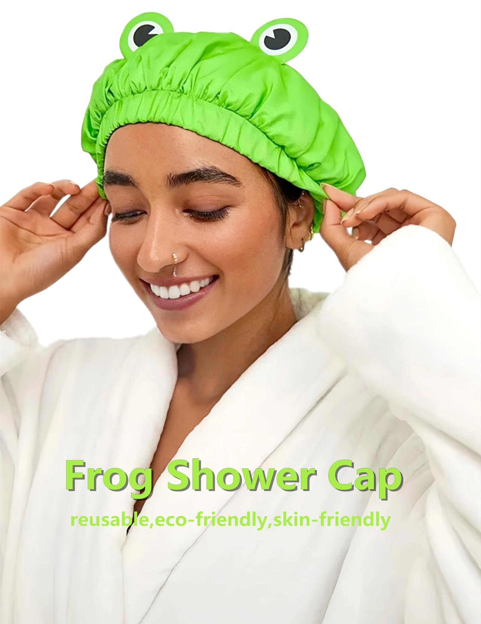 Duschhaube, wasserdicht, wiederverwendbar, doppellagig, Badekappe, elastisches Band, Haarkappe, grüner Frosch, Duschhaube für Damen, Spa-Salon