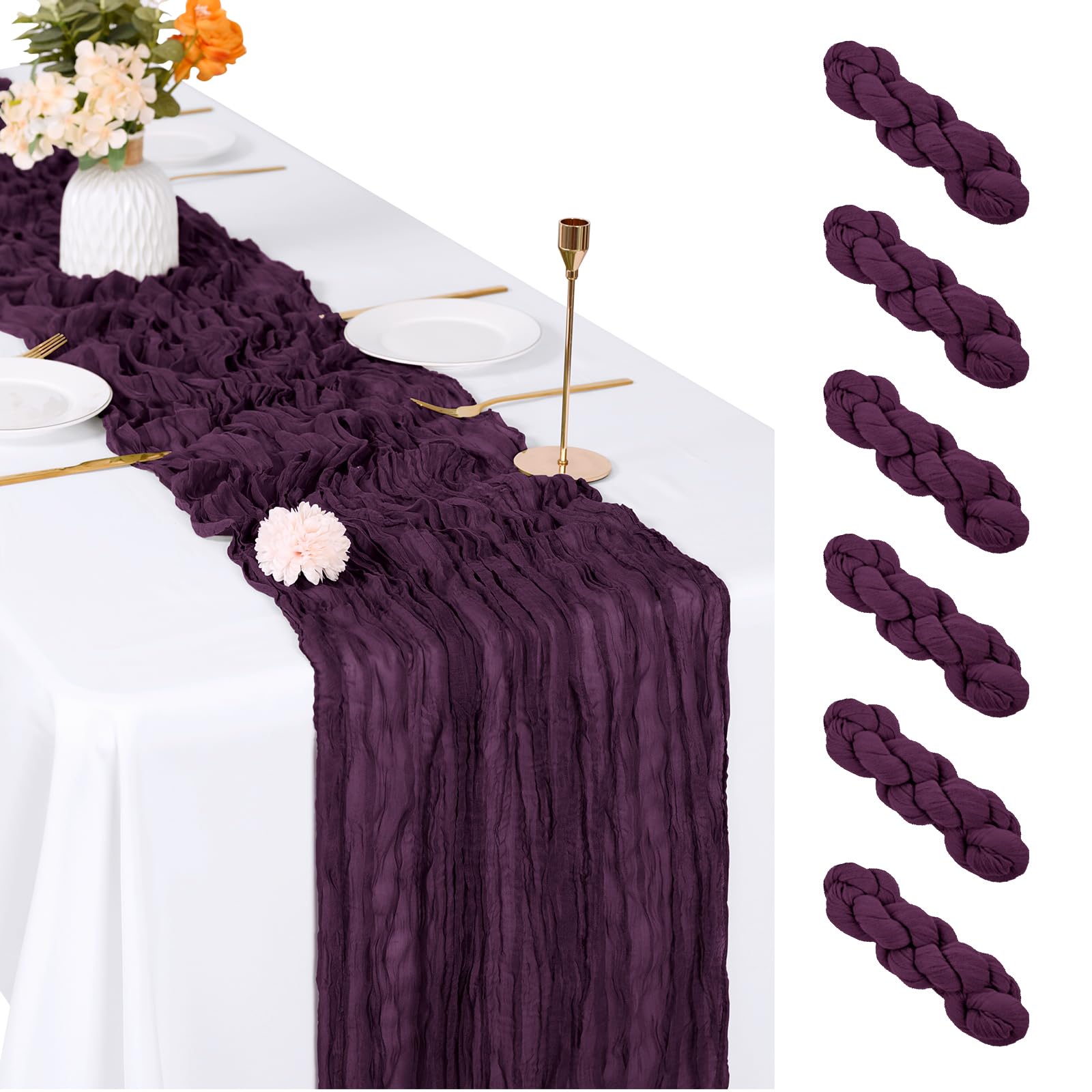 Photo 1 of ACSUIT 6 Pack Dark Purple Cheesecloth Table Runner, 17 x 108 inch, Semi Sheer Boho Cheese Cloth Fabric Table Runner Bulk for Wedding , Birthday, Party, Holiday, Home Decor (Dark Purple)