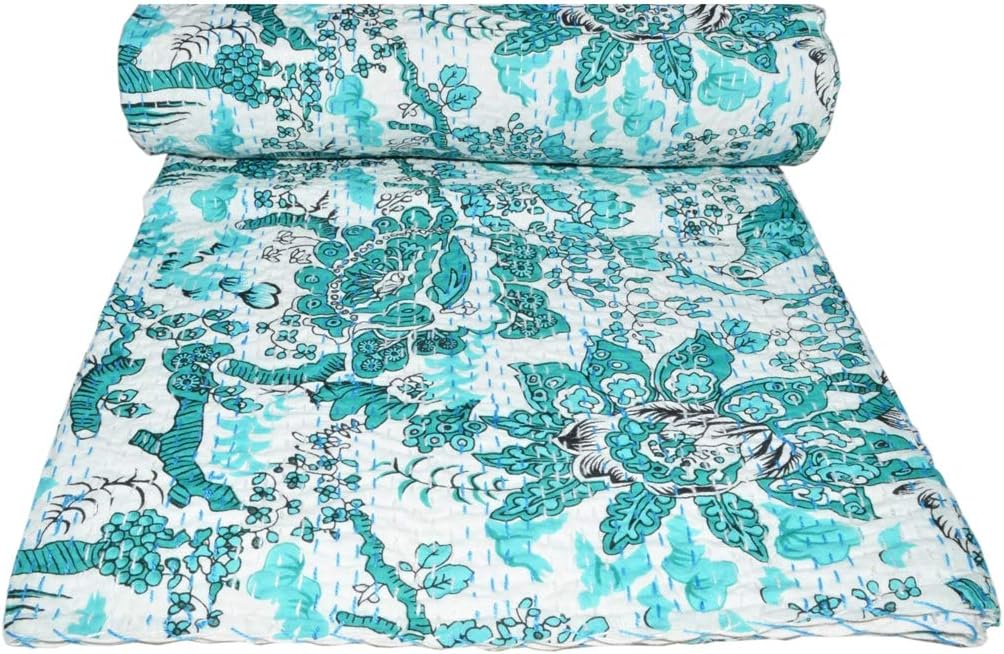 YUVANCRAFTS Kantha Bird Screen Print Cotton Quilt Indian Bedspreads (Pink)