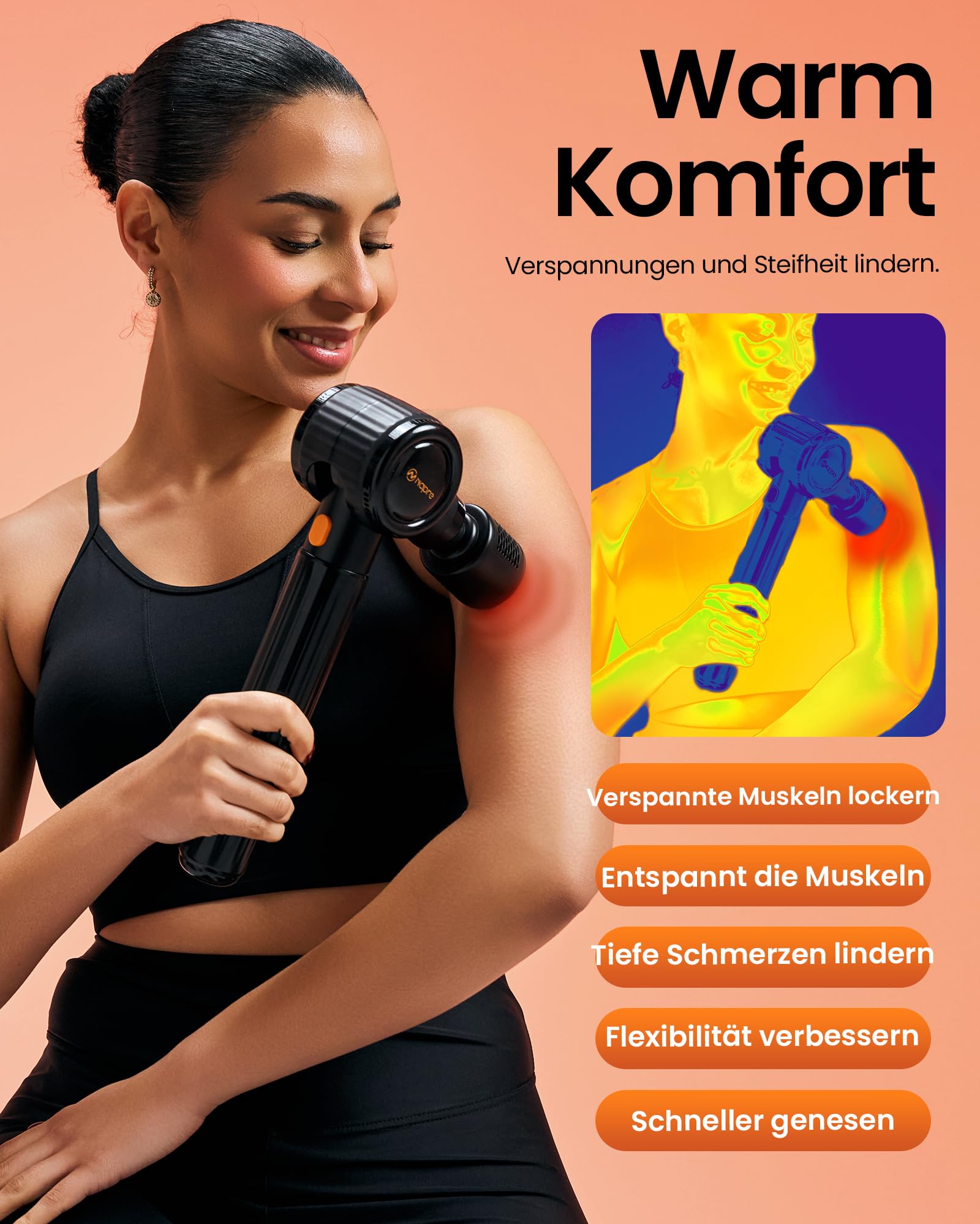 Massagepistole mit Wärme und Kälte,NAPRE Massage Gun Massage Pistole mit Verlängerungsgriff,Einstellbaren Winkeln,Muskel Percussion Massagegerät für Rücken,Nacken,Körper Entspannung,6 Köpfe & Koffer