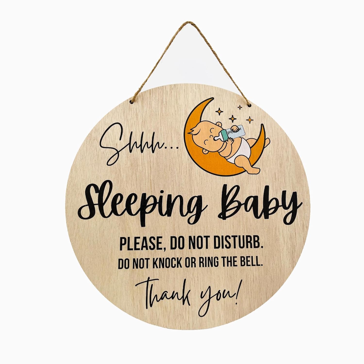 Maxsafe Baby Sleeping Hanging Sign Plaque 12x12inch Round Wood With Sticker Hanging Sign, Baby Sleeping do not Knock The Door or Ring the Bell "Sleeping Baby"