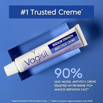 Vagisil Regular Strength Anti-Itch Feminine Cream for Women, Gynecologist Tested, Hypoallergenic, Fast-acting and Long-lasting Itch Relief, Vaginal Moisturizer Soothes and Cools, 1 oz (Pack of 4)