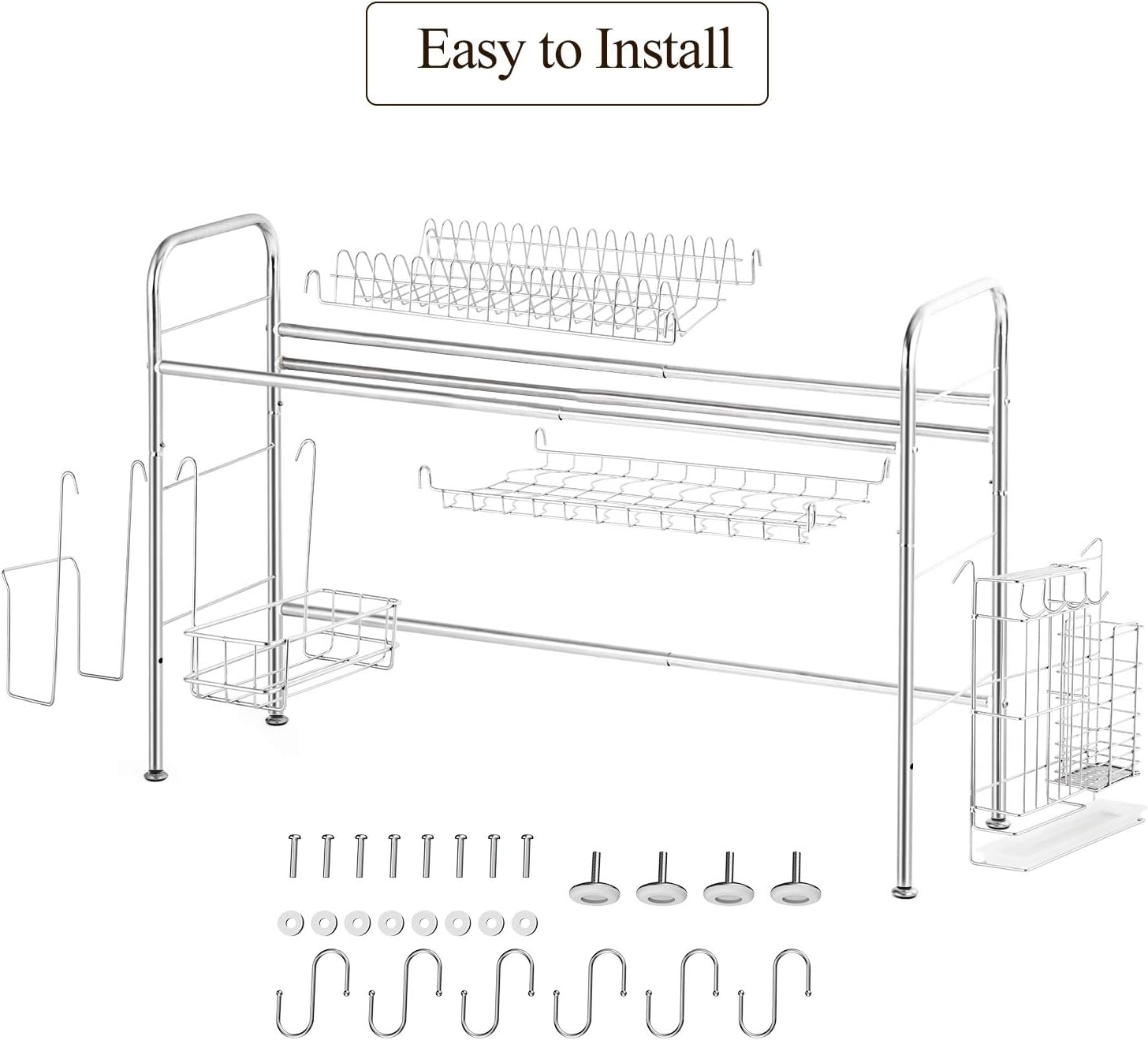 Over The Sink Dish Rack and Drainboard Set Dish Drying Rack Stainless Steel Dish Storage Organizer Rack Display Stand Adjustable Kitchen Drainer Large Bowl Rack Above Sink Silver