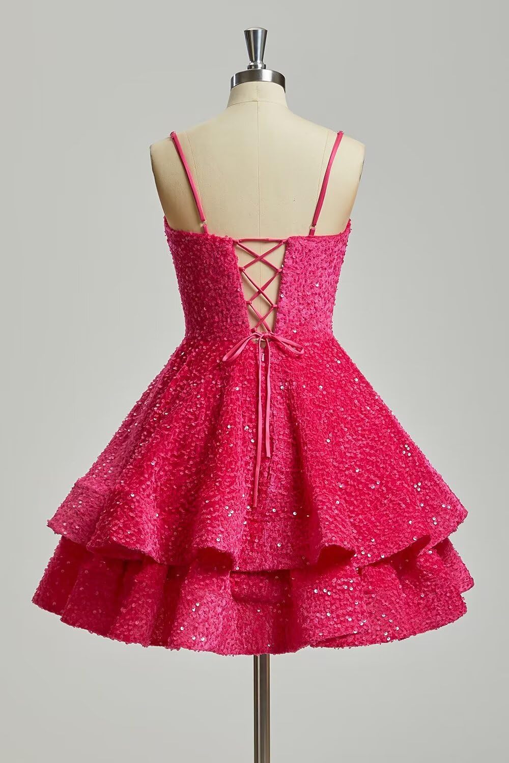 Sequin Homecoming Dresses for Teens Sparkly Tiered Short Prom Dresses Spaghetti Straps Cocktail Party Gowns