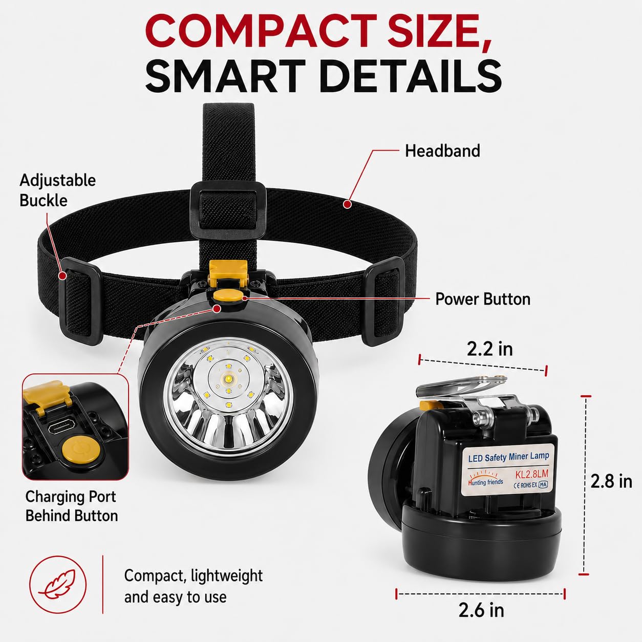 Lampe Frontale Rechargeable pour mineurs à LED KL2.8LM de Camping pour la Nuit, la pêche, la Chasse, étanche à l'épreuve des Explosions