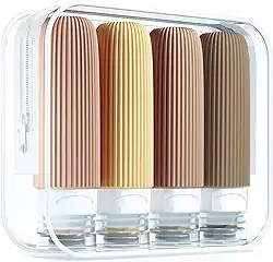 Kit de Frascos de Viagem para Cosméticos, 4 Peças, Design Canelado, Recipiente de tamanho de viagem de silicone squeezable à prova de vazamento, Cores Neutras (Castanho)