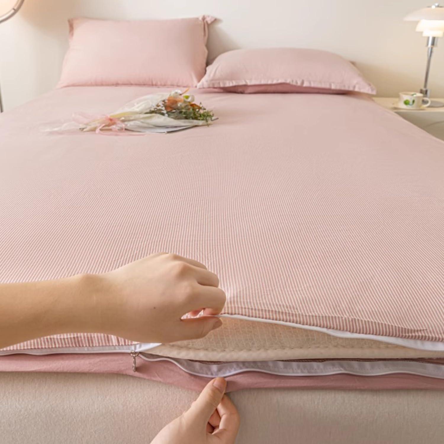 Traditional Futon Mattress Cover with Zipper Queen Mattress Protector Skin-Friendly Comfortable Floor Futon Slipcover Dustproof Futon Cover for Bedroom Washable,Pink,90x190cm