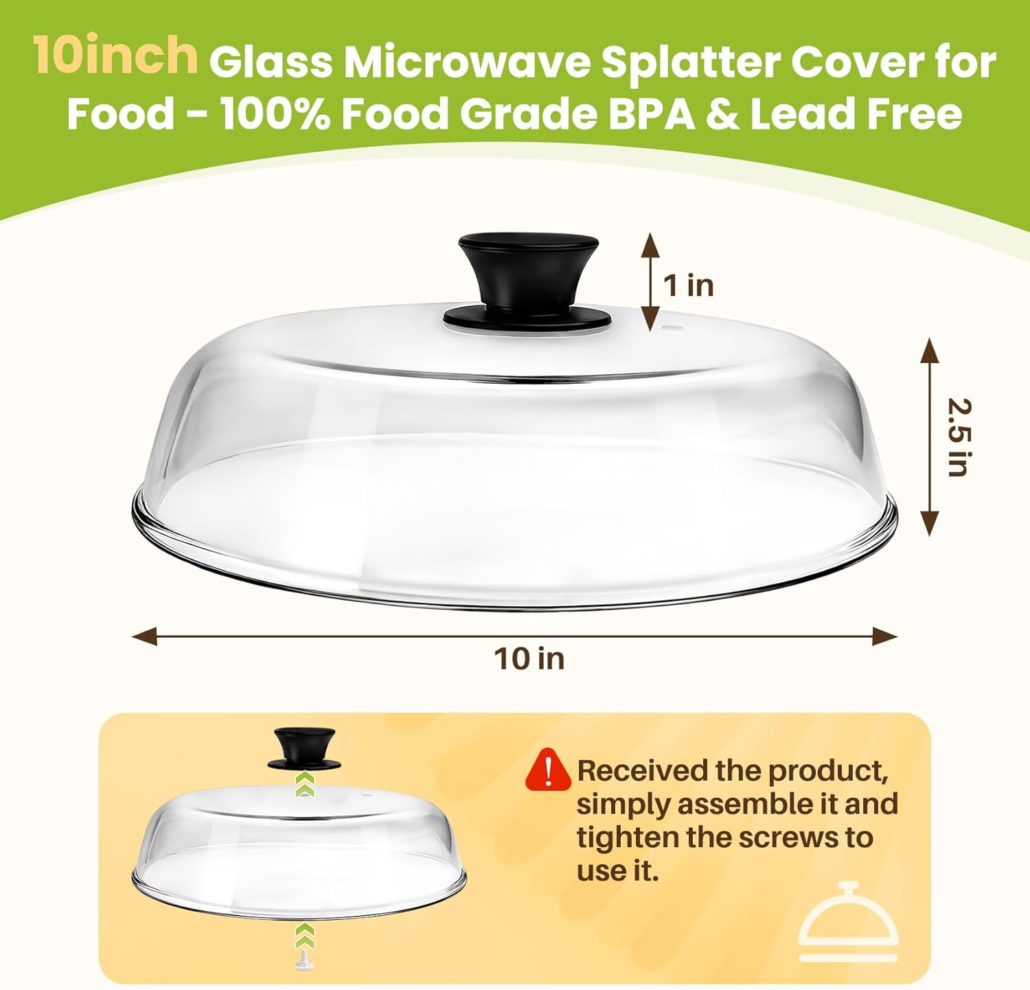 10in Glass Microwave Splatter Cover Microwave Safe Glass Lid Cover with Ceramic Screw, Heat Resistant Tempered Glass Splatter Guard, Vented Universal Microwave Plate Cover, Dishwasher Safe