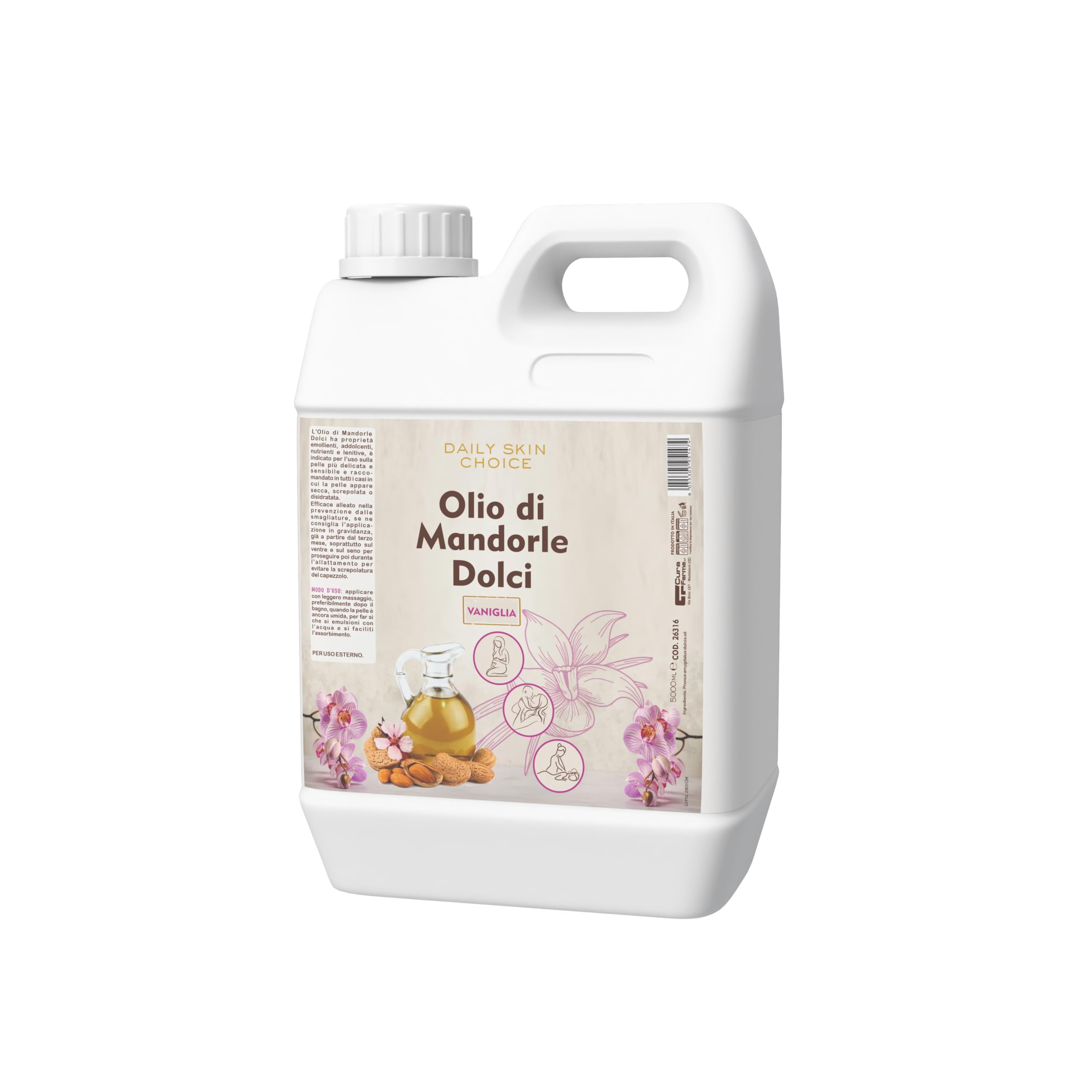 Olio di Mandorle Dolci al Profumo di vaniglia 5 L – Olio Corpo Emolliente e Nutriente per Massaggi, Post-Doccia e Post-Ceretta – Formato Professionale
