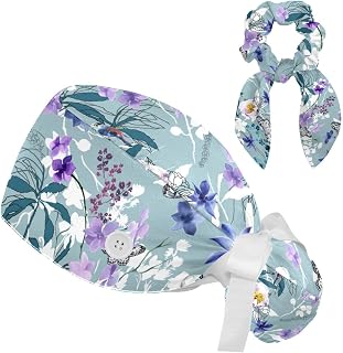FVQL Set of 2 Bouffant Caps with Hairband Surgical Caps Scrub Cap, Butterflies and Flower Pattern