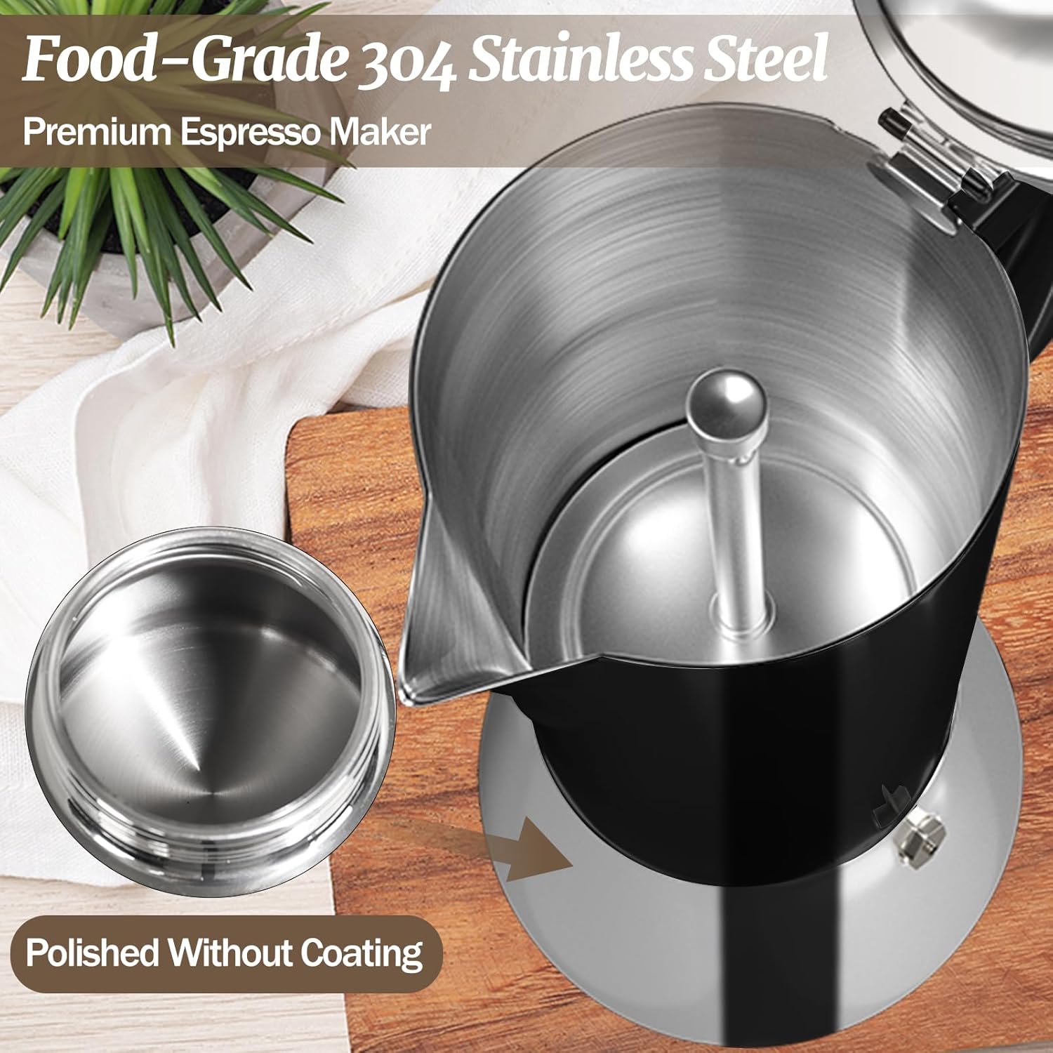 4 Cup Thickened Moka Pot 304 Stainless Steel 200ml Italian Espresso Coffee Maker Stovetop CoffeeMakers Mocha Pot Percolator for Induction Stove Classic Cafe Makers Portable for Easy Brewing