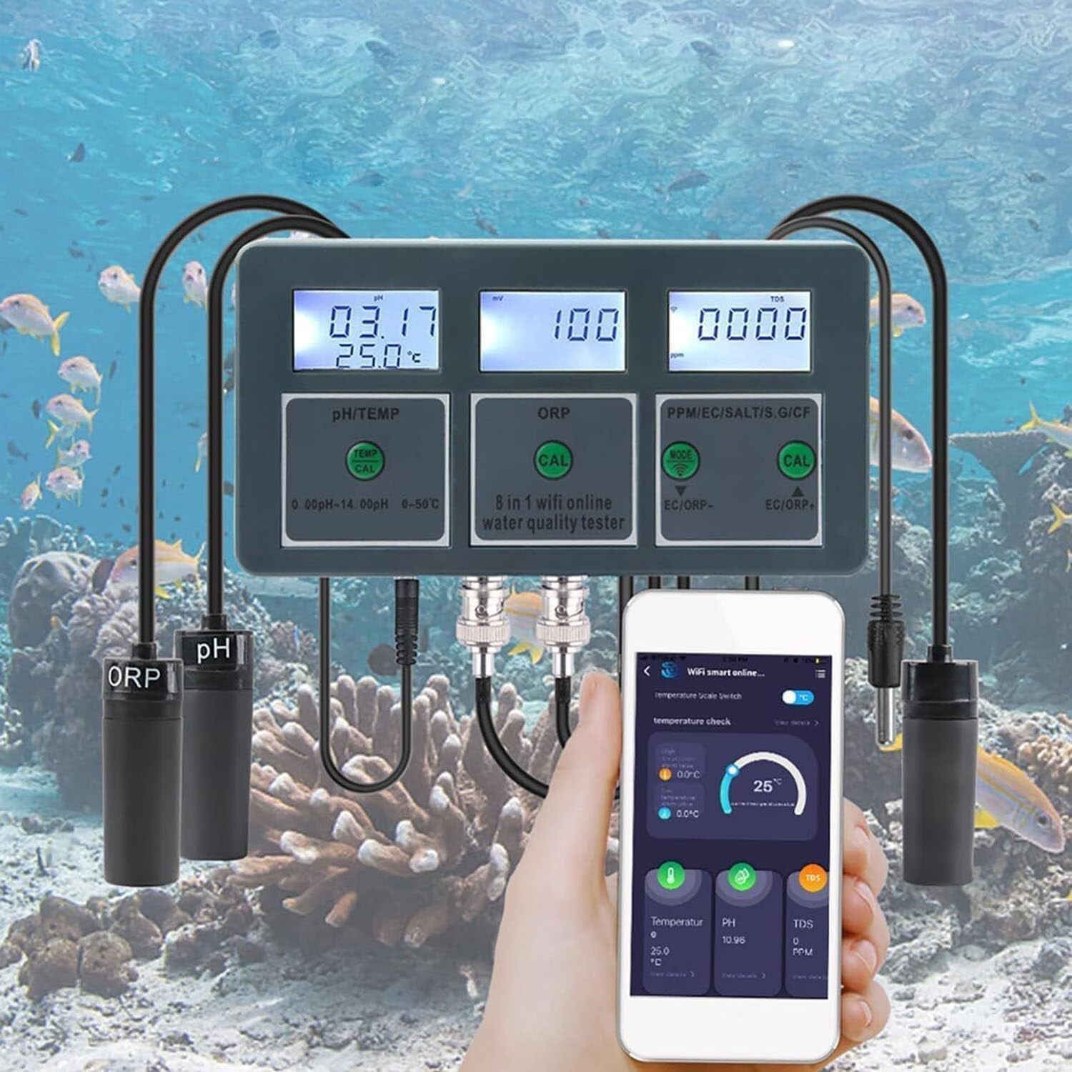 WiFi Smart Water Quality Meter Monitor, 8 in 1 Water Quality Detector, PH/EC/TDS/Salt/S.G/CF/ORP/Temp Tester, for Aquariums Pool Hydroponics