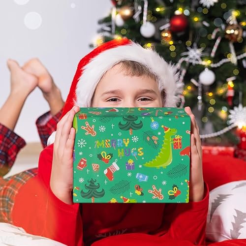 Miniatura 7 de NEPOG Papel de regalo de Navidad con sombreros de Papá Noel, 6 hojas plegadas planas de 20 x 28 pulgadas por hoja, papel de regalo de dinosaurio de