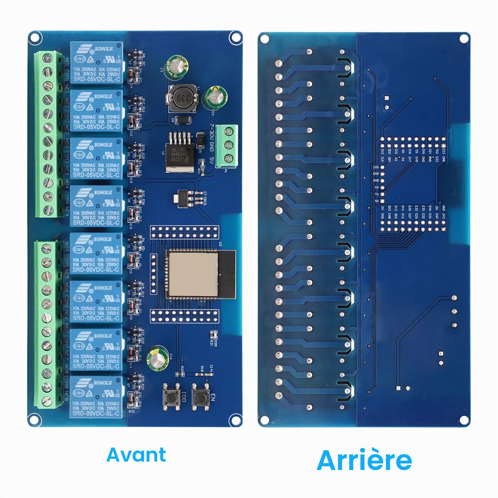 ESP Module relais 8 canaux – WiFi Bluetooth BLE avec carte de développement ESP, alimentation DC5-30 V pour Arduino IDE (LC Relay-ESP-8R-D5)