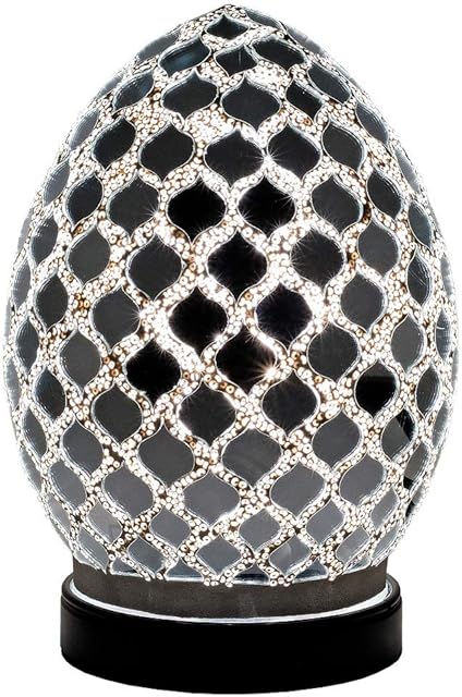 Britalia LED Silver Mirrored Mosaic Glass Vintage Egg Table Lamp 20cm | 470 Lumen Warm White LED Lamp Included | Desk Light