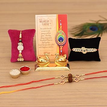 Rakhi with Gift for Brother and Bhabhi Kids Combo - 4 Rakhi for Rakshabandhan Gifts for Bhaiya Bhabhi - Kumkum Dani Chandan Roli Box, Rakshabandhan Gift Special Card, Shri Nath Ji Rakhi, Lumba Rakhi