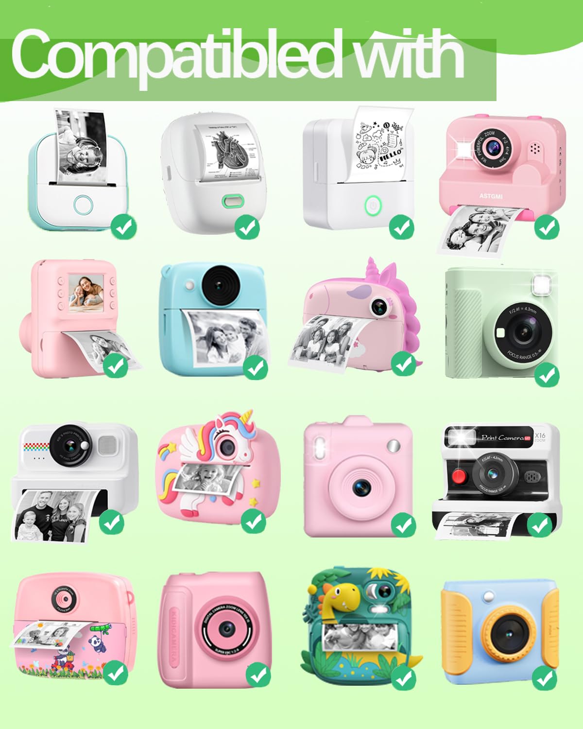 10 Roules de Papier Autocollant Compatibles avec ORGSTA S002/Memoking T02 Q02E/Lovcoyo X6 Mini Imprimante Thermique, Rouleau de Papier 2'' pour Caméras Instantanées Enfants, Multicolore, Sans BPA
