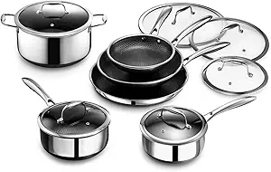 HexClad 12 Piece Hybrid Stainless Steel Cookware Set - 6 Piece Frying Pan Set and 6 Piece Pot Set with Lids, Stay Cool Handles, Dishwasher Safe, Induction Ready, Metal Utensil Safe