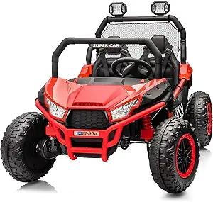 Hikiddo Kids UTV 2 Seater, 24V 4WD Ride-On Toy Car for Big Kids with Remote Control, 2WD/4WD Switchable, 4 * 200W Motors - Dark Red