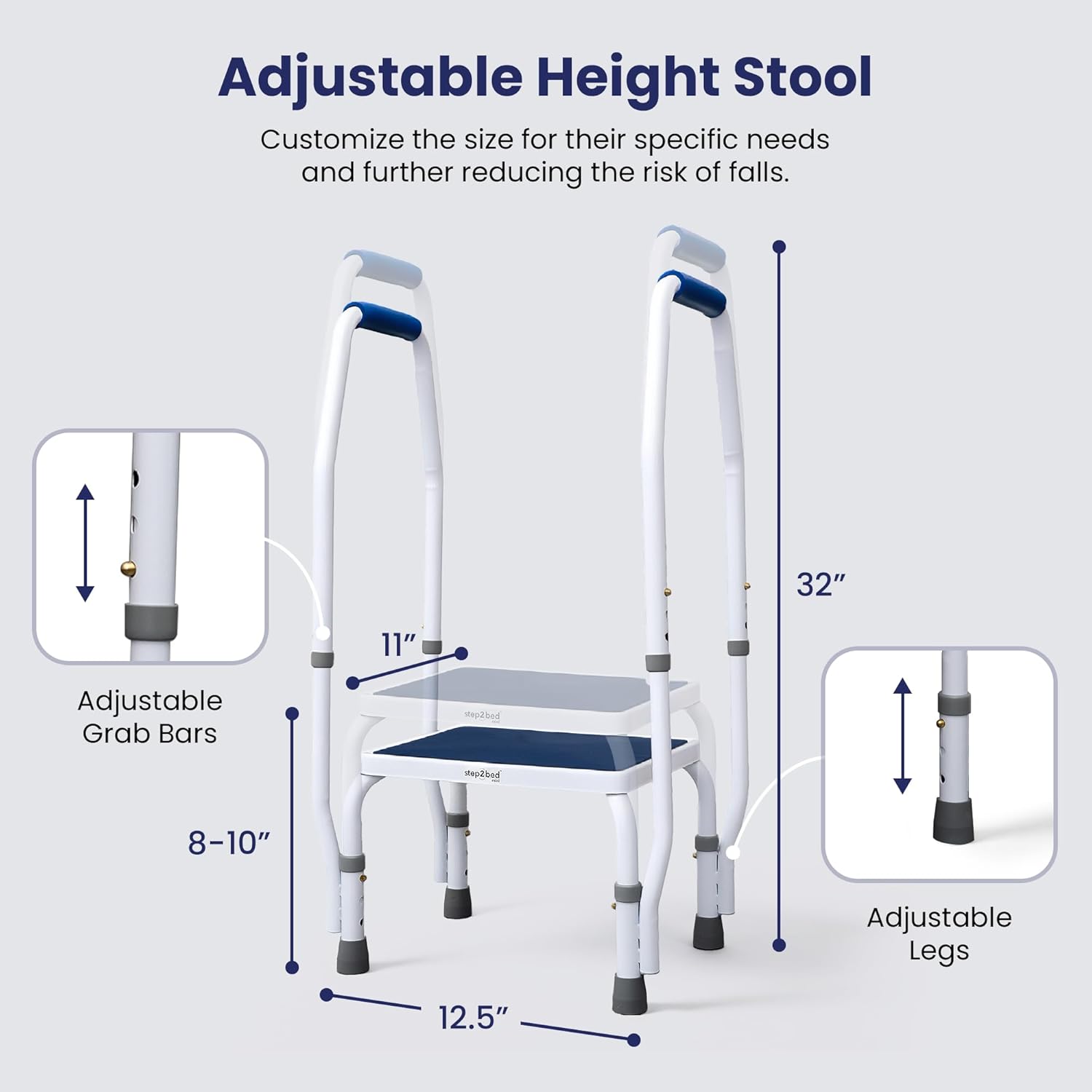 step2bed Mini Step Stool with Handle for Elderly - Adjustable Height for Seniors with Handicap Grab Bars - Use for Bed, Bathtub. Stainless Steel Portable Step Stool for Bed (300 LBS Capacity)