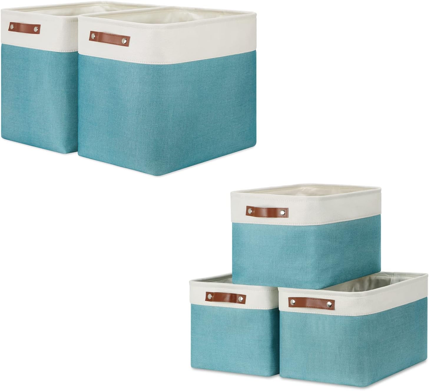 DULLEMELO Collapsible Storage Baskets 2 Large (17"x12"x15") + 3 Medium (15"x11"x9.5") (White & Turquoise)