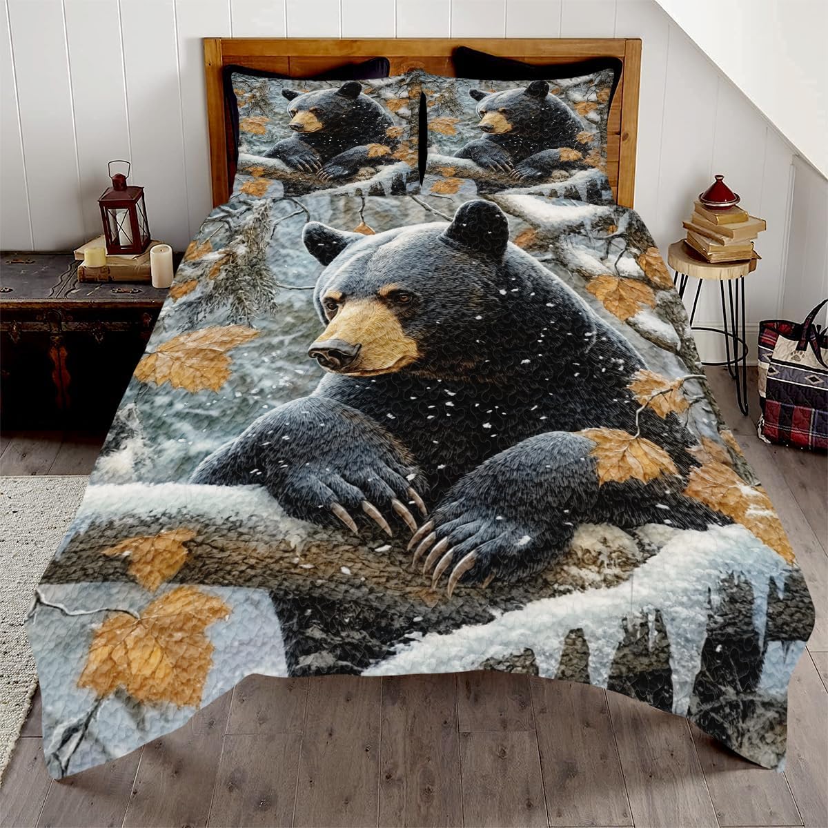 Black Bear Family Quilt Set- Lightweight All Season Bear Bedding, Bears Queen Size Bedding Set, Rustic Quilt Animals Bed Set - Family Bears Bedset for Bedroom (Mama & Child, 5 Sizes)
