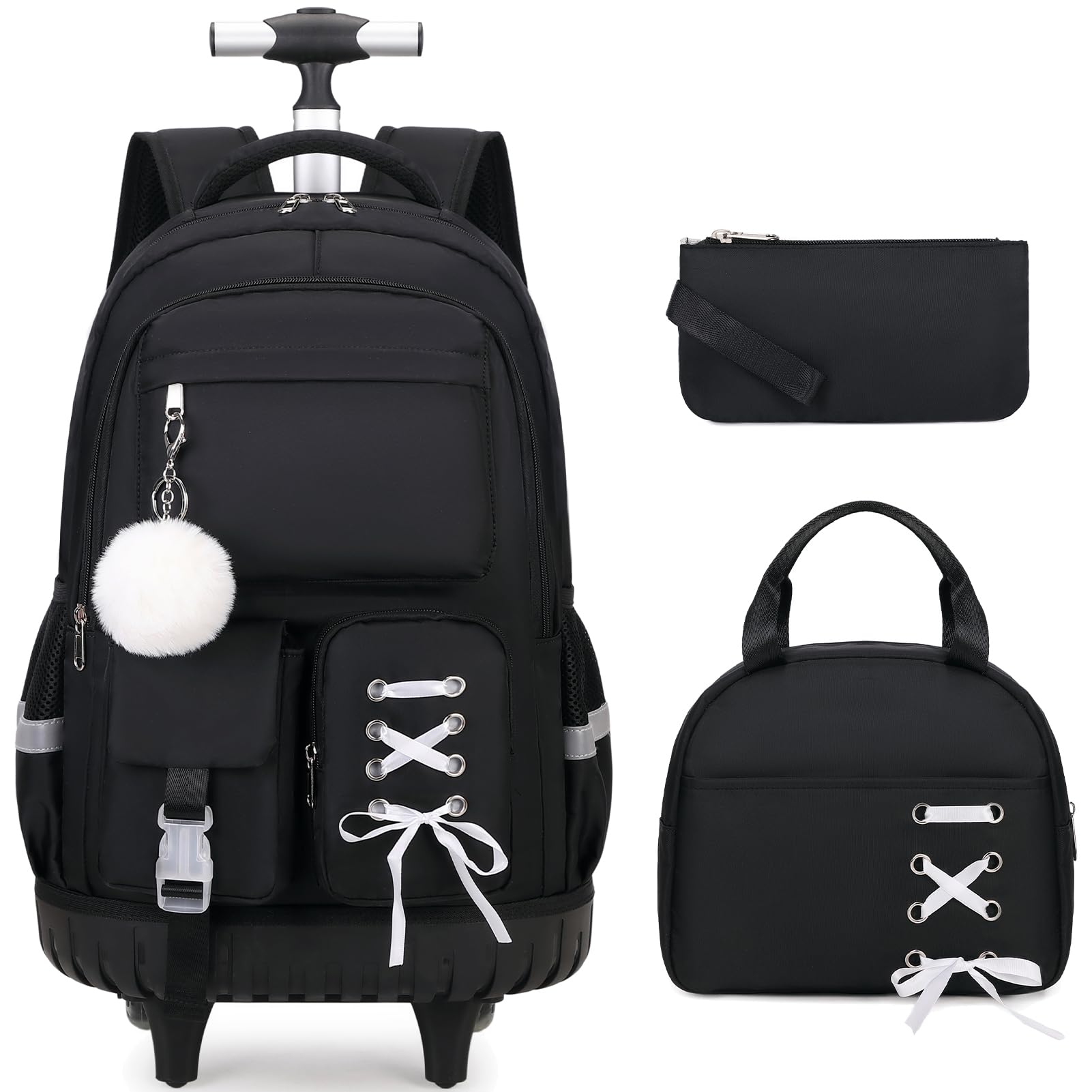 Scothen 3Pcs Rolling Backpack for Girls with Lunch Box & Pencil Pouch | Teen Girl Kids Children Roller Bookbag Daypack Laptop Travel Backpack with Wheels Elementary Middle School (Black)