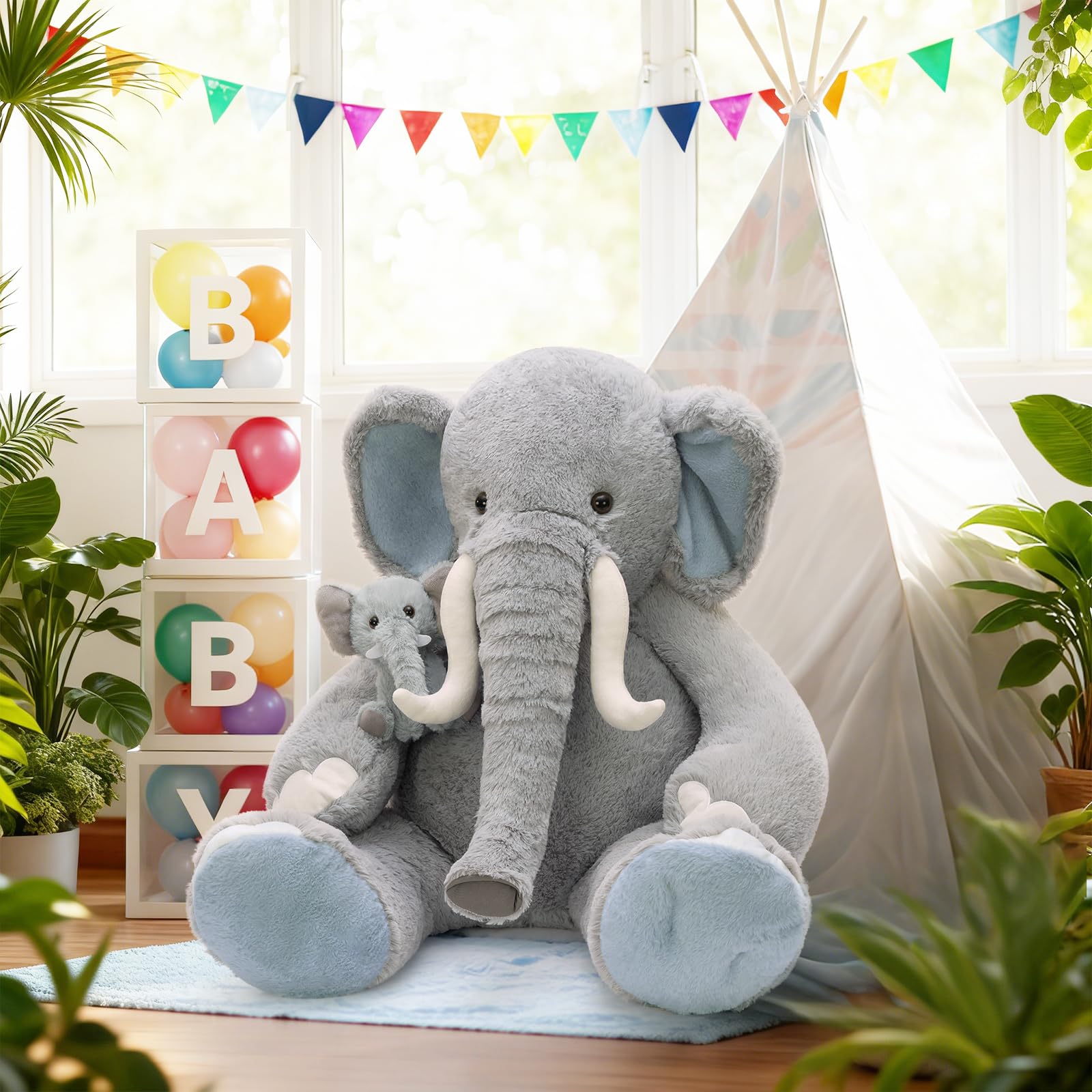 MorisMos XXL Elefante Peluche Gigante, 100cm Realistico Grigio Elefante Grande, Kawaii Morbido Animali di Peluche Regalo per Fidanzate Bambini Compleanno Natale Deco