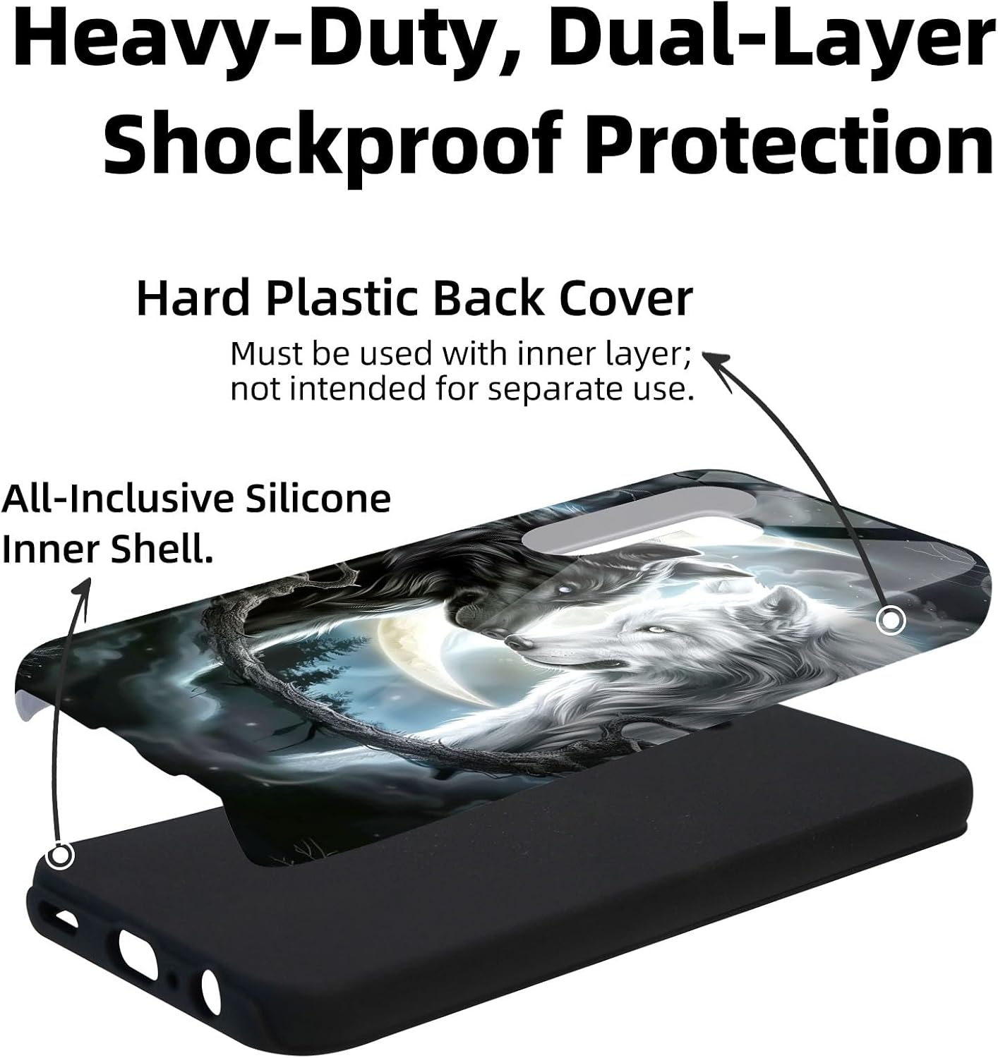 for Samsung Galaxy A17 5G Phone Case, Hybrid 2-Layer Hard Shell with Shockproof Silicone, Black White Wolf Dual-Layer Protective Case for Samsung Galaxy A17 5G