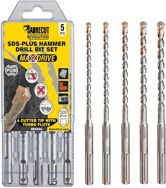 5 x SabreCut QSCK5A 5mm 5.5mm 6mm 7mm 8mm x 160mm Quattro PGM Approved Full Carbide 4 Cutter Tip Vortex Flute SDS Plus Drill Bit Mix Kit for Rebar Stone Concrete Brick Block