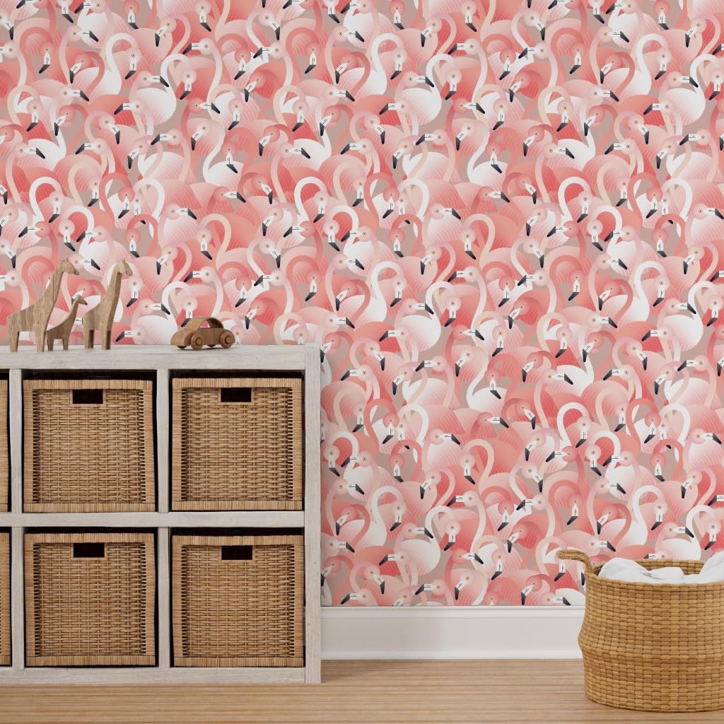 Spoonflower Removable Wallpaper 3ft x 2ft - Flamingos Pink Birds Animals Taupe Tropical Custom Pre-Pasted Wallpaper