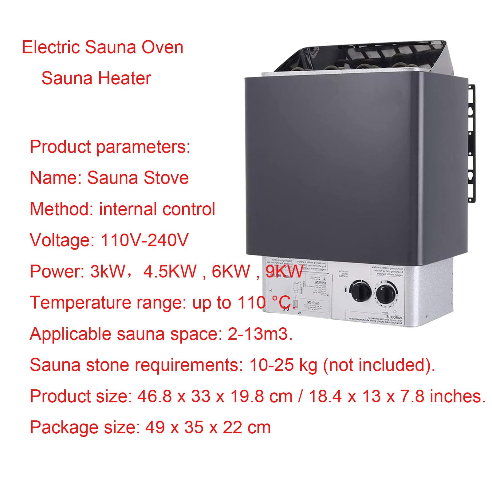 Ogrzewacz do sauny 9 kW Elektryczny podgrzewacz do sauny Sucha łaźnia parowa Piec do sauny 3-godzinny timer Zestaw czapek do sauny, domowy prysznic hotelowy spa 46,8 x 33 x 19,8 cm 9KW