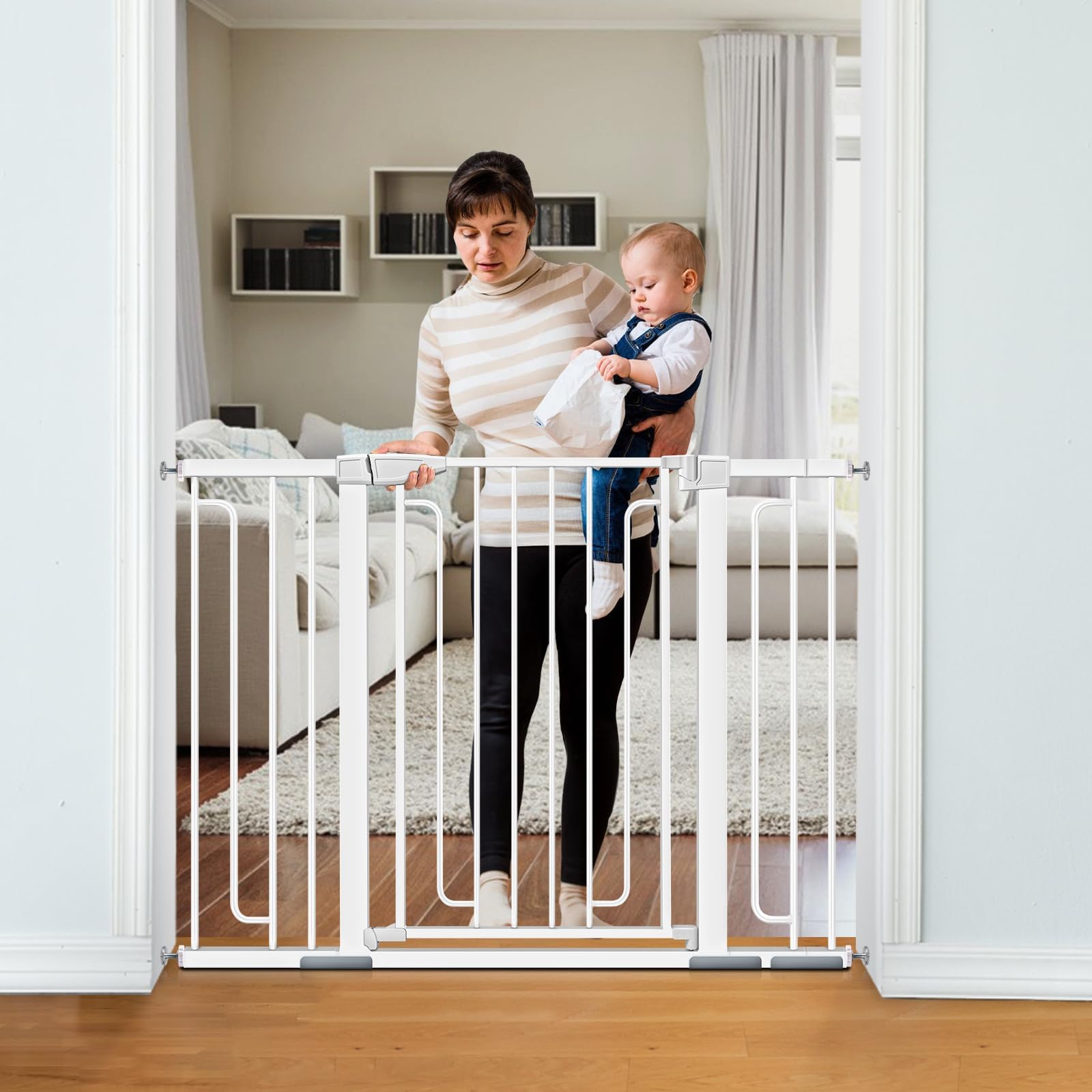 Derson Easy Step 36-Inch Extra Tall Baby Gate, 29.93-51.5" Auto Close Durable Dog Gate for The House, Doorways and Stairs, 22.7inch Swing Door, Pressure Mounted Gate (White)