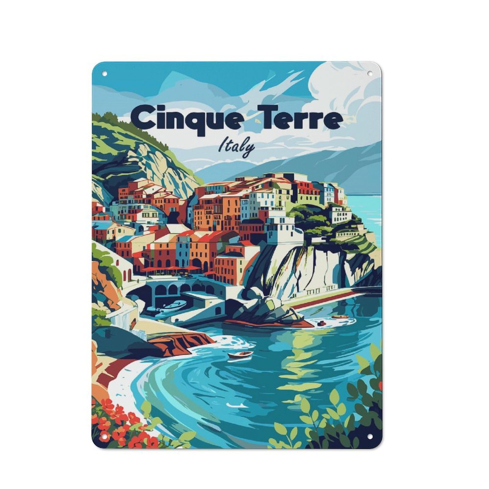 Junmoney Style-19 Urban Metal Wall Art Sign 40X30cm Featuring Cinque Terre Italy Travel, Studio Wall Art For Modern Home, Workshop, Office Or Cafe