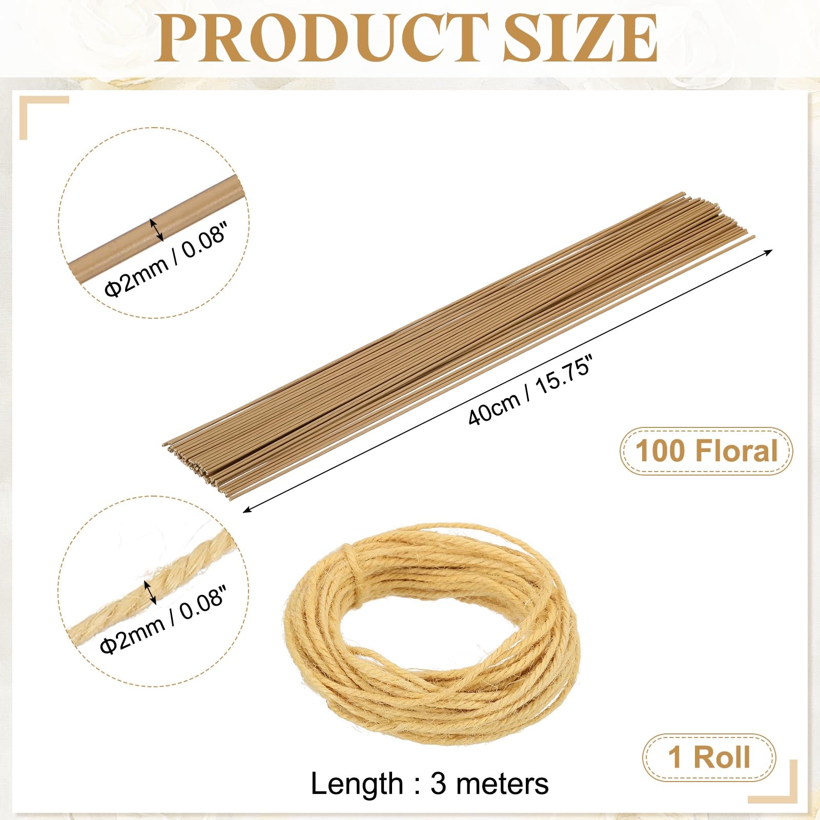 uxcell 100 alambres florales de calibre 2, cables de tallo de flores de 15.75 pulgadas de longitud con cordel de 0.08 pulgadas x 32.8 pies para hacer coronas, arreglos florales, amarillo