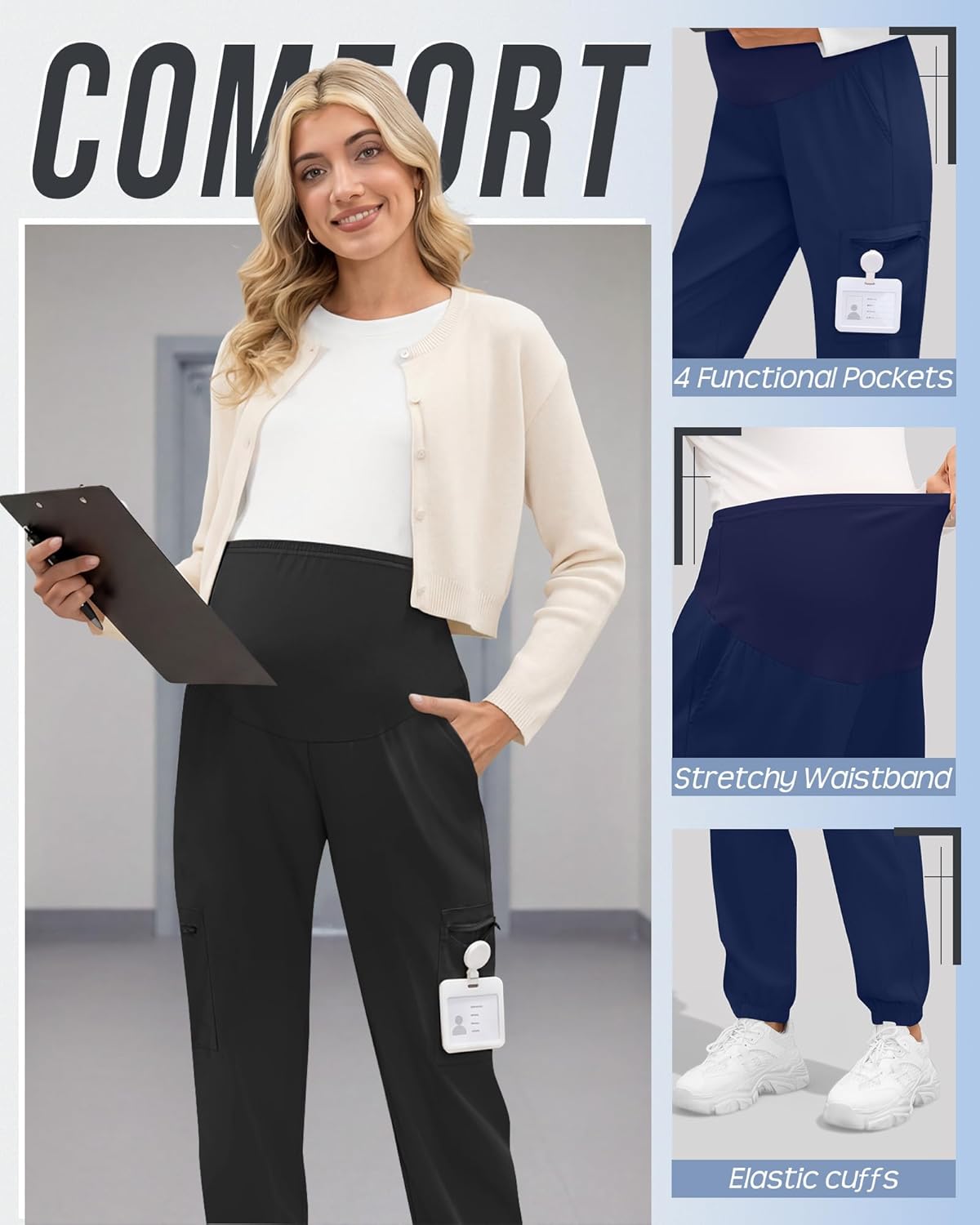 3 Pack Women's Maternity Scrub Pants, Workwear Pregnancy Jogger Pants Over Belly Yoga Sweatpants Zippered Pockets - Image 4