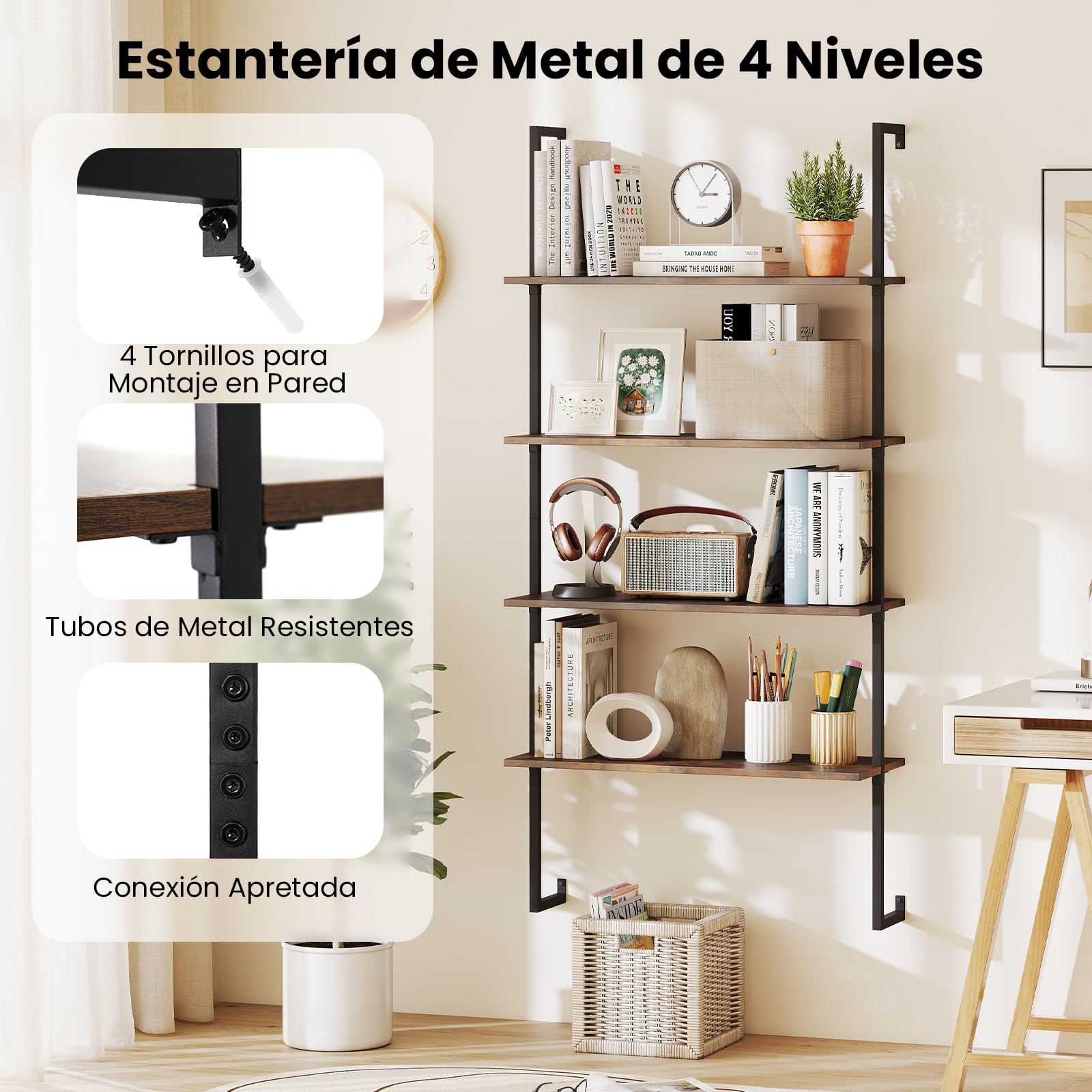 COSTWAY Estanteria Escalera 4 Niveles, Estantería Librería Madera de Pared, Marco de Metal, Salon Baño Dormitorio Habitación, 76 x 30 x 163 cm