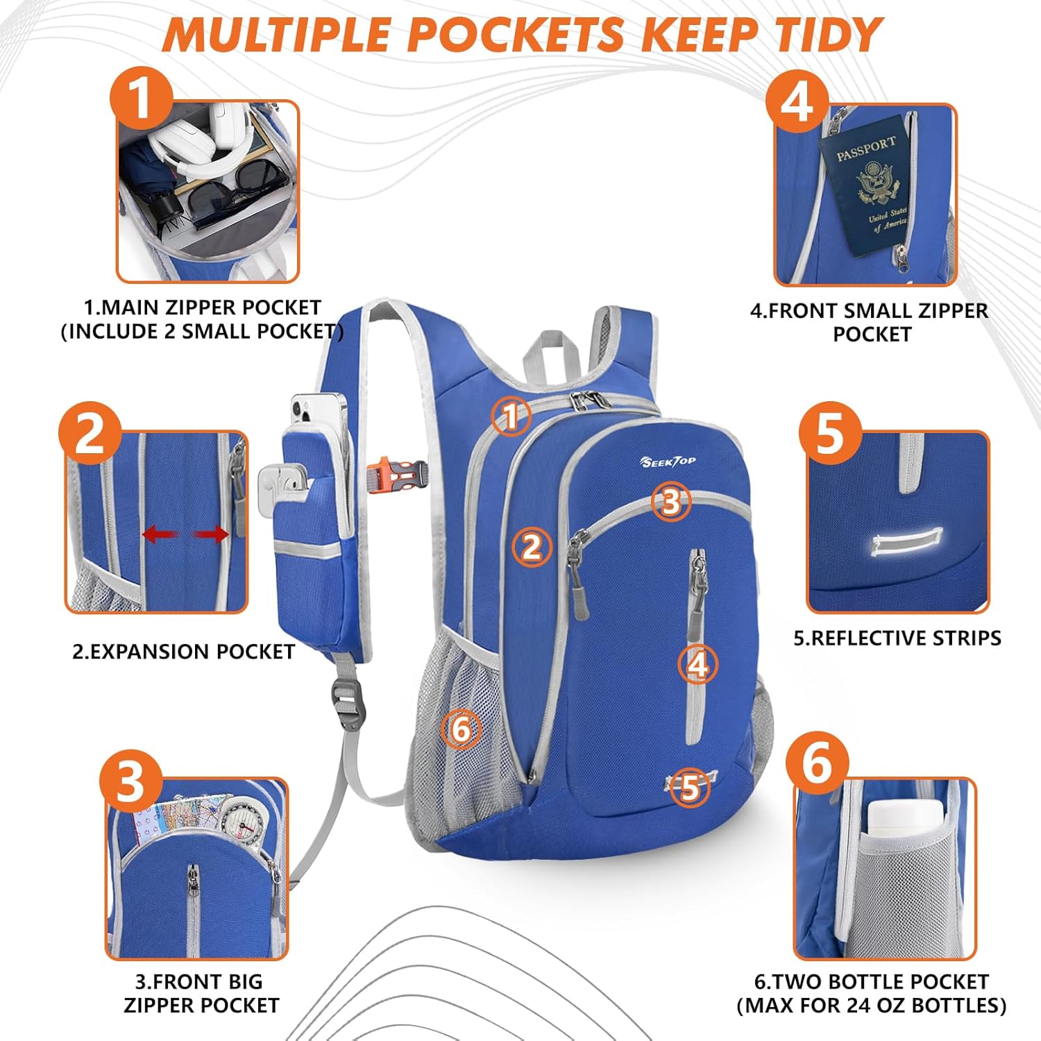 Seektop Small Hiking Backpack Expandable 12L-15L, Lightweight Packable Waterproof Daypack with Phone Pocket for Women Men