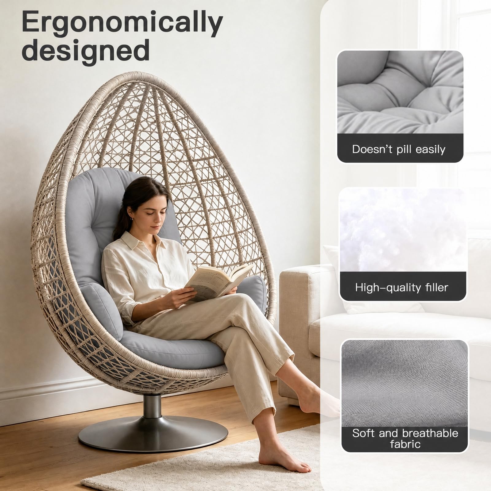 Cuscino per poltrona sospesa per esterni, impermeabile, spesso, imbottito, con forma rotonda e fissaggio, per sedia a uovo di Papasan, balcone, giardino (grigio)