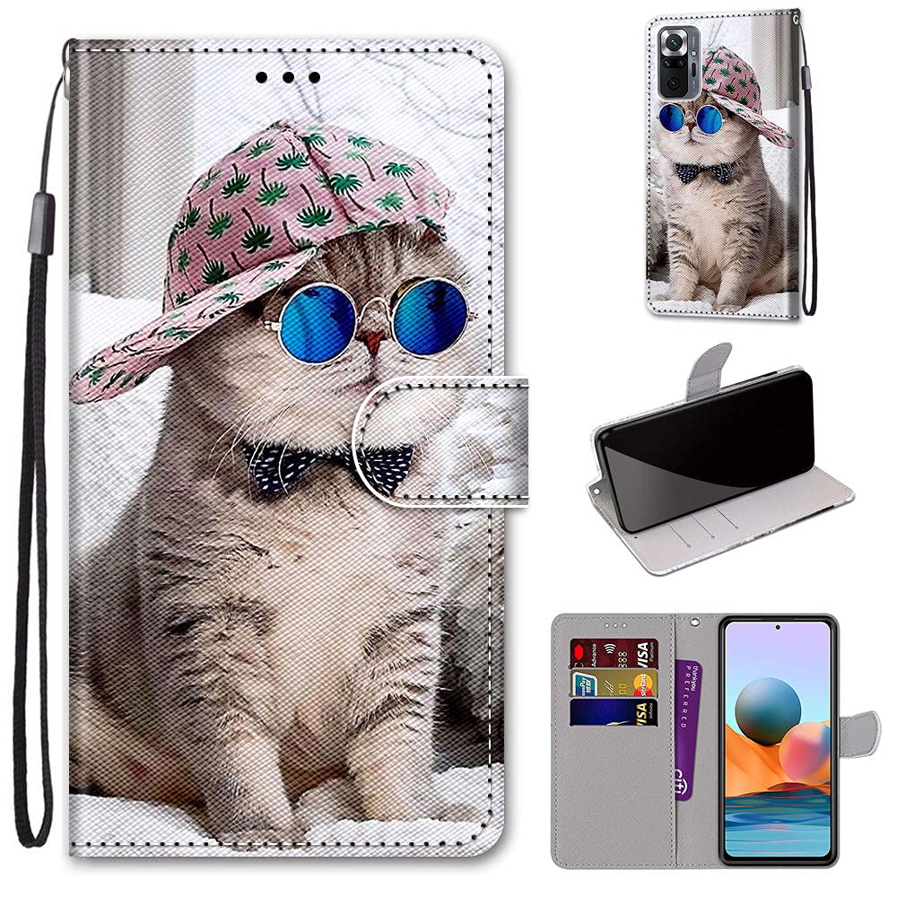 Cover In Pelle Con Cordino Per Xiaomi Redmi Note 10 Pro / Pro Max – Custodia A Libro Portafoglio Con Slot Carte E Chiusura Magnetica – Design Gatto Bianco