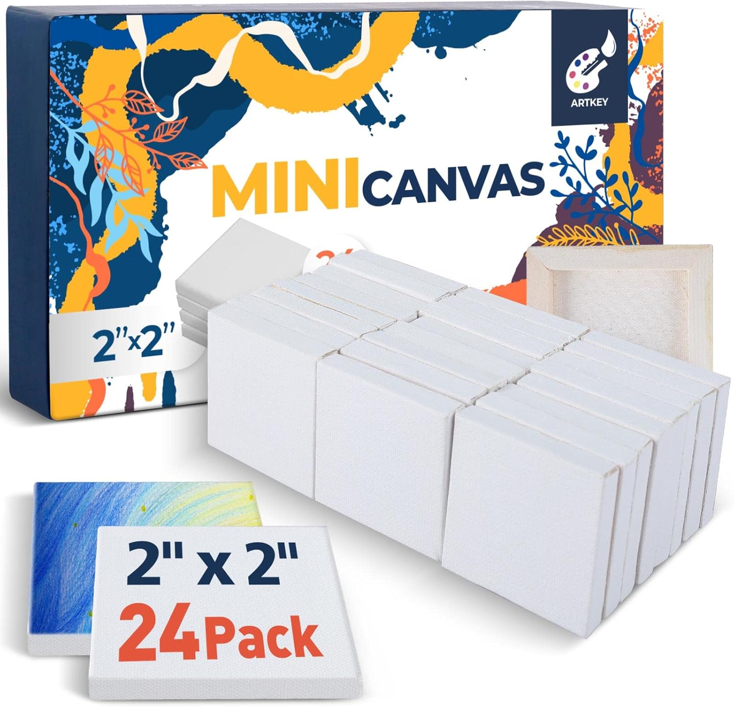 Artkey Mini Canvas, 4x4 Inch 24-Pack Small Canvases - 100% Cotton 2/5 Inch Profile Square Canvas for Acrylics, Oil, Watercolor Painting & Signs Crafts