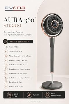 Aura 360, 6 Kademeli Hız Ayarlı Akıllı Vantilatör, 360 Derece Salınım | 80° Yatay Salınım, 180° Dikey Salınım, 6 Kademeli Hız