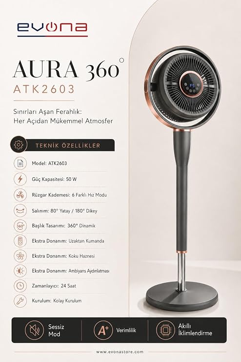 Aura 360, 6 Kademeli Hız Ayarlı Akıllı Vantilatör, 360 Derece Salınım | 80° Yatay Salınım, 180° Dikey Salınım, 6 Kademeli Hız