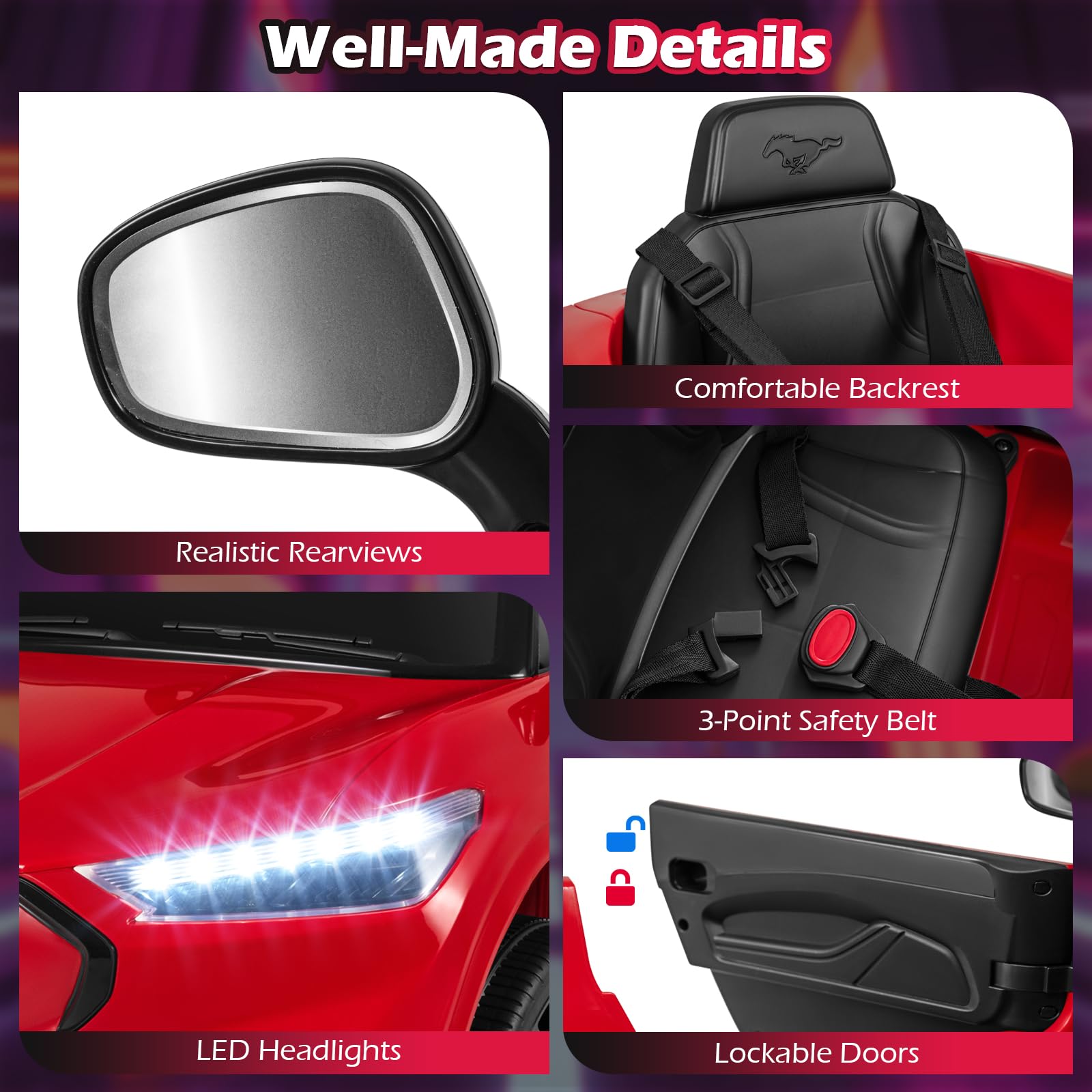 Costzon Ford Mach E - Veicolo elettrico per bambini con controllo genitori, luci LED, clacson, musica, connessione wireless e sospensioni a molla, giocattolo per bambini per ragazze e ragazzi (rosso)