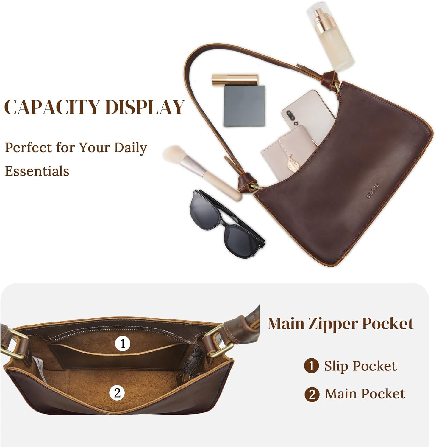 S-ZONE Leather Shoulder Bags for Women Small Shoulder Purse Handbags Clutch Hobo Bag Cute Purses