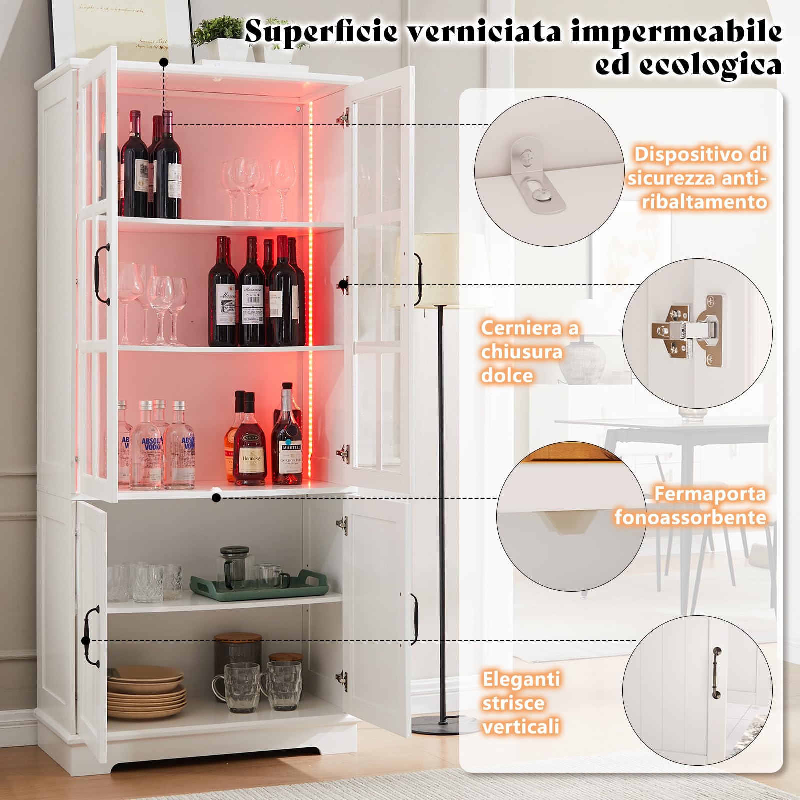 LUXOAK Armadio vetrina con illuminazione LED e maniglie retrò, armadio alto bianco 180 cm di altezza, 4 ante con finestre in acrilico e 5 ripiani, armadio moderno per soggiorno e cucina